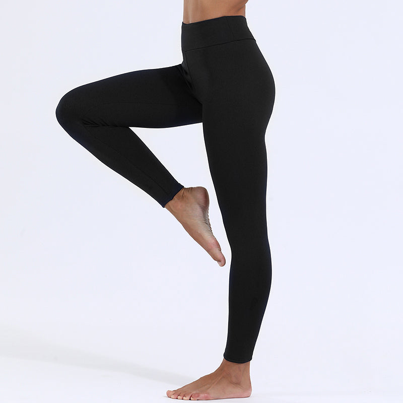 Black fleece-lined leggings worn, side view