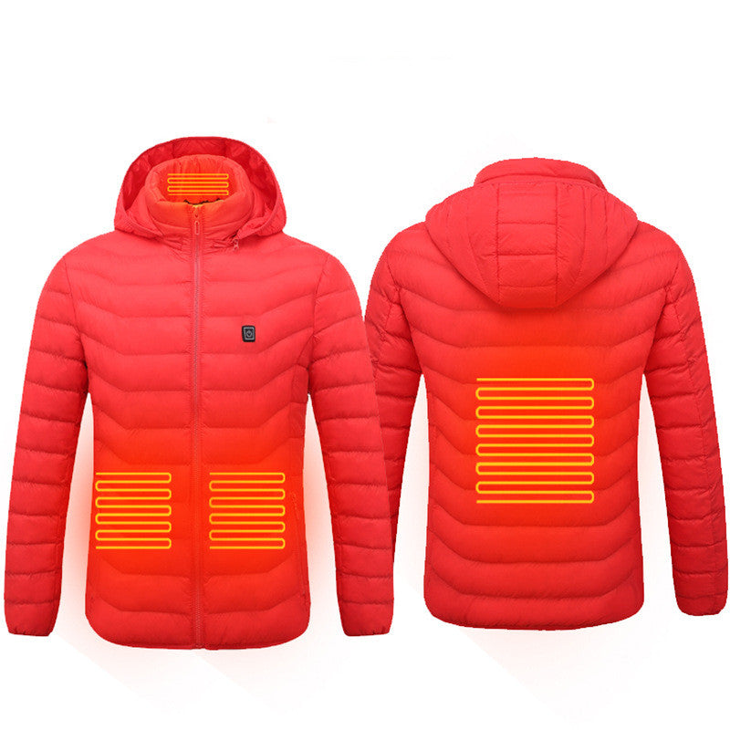Red heated jacket showing four heating zones, front and back