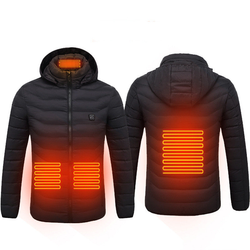 Black heated jacket showing four heating zones, front and back