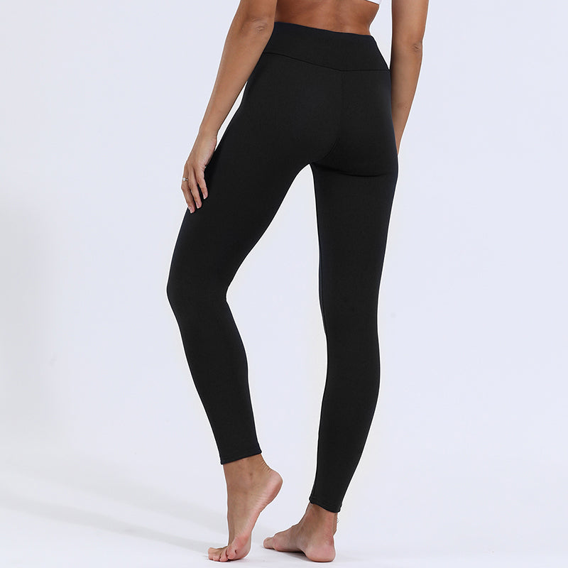 Black fleece-lined leggings worn, back view
