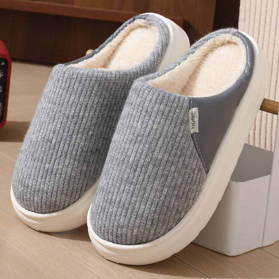 Gray plush house slippers