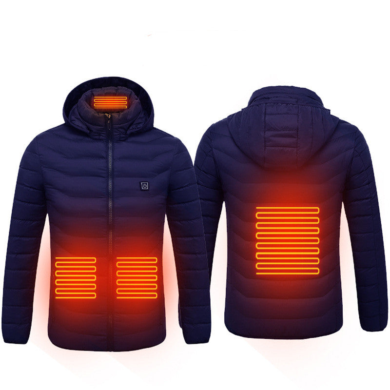 Blue heated jacket showing four heating zones, front and back