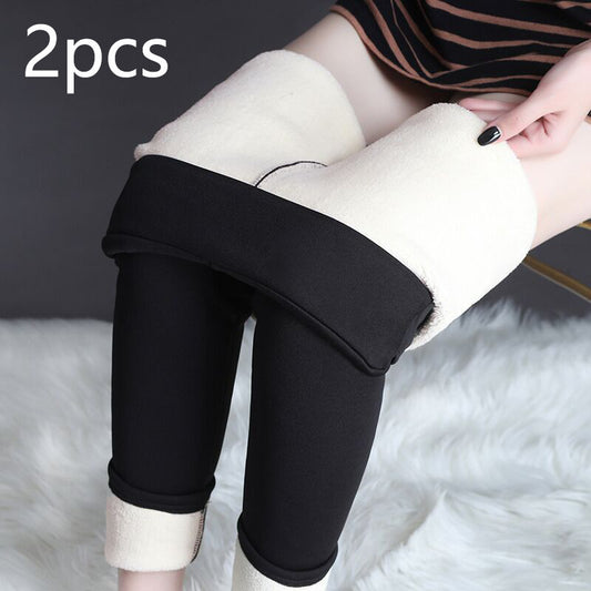 Two-pack of black fleece-lined leggings showing the fleece lining
